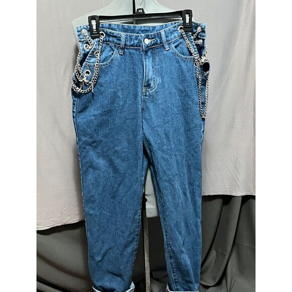 SHEIN High Waisted Chain Lace Up Jeans sz L mom jeans baggy denim - Picture 4 of 7